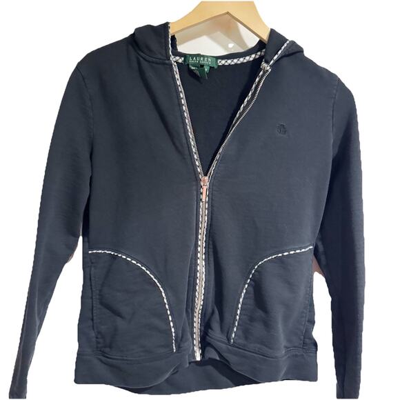 Lauren Ralph Lauren women’s size medium black zip up hoodie checkered trim - Picture 2 of 4